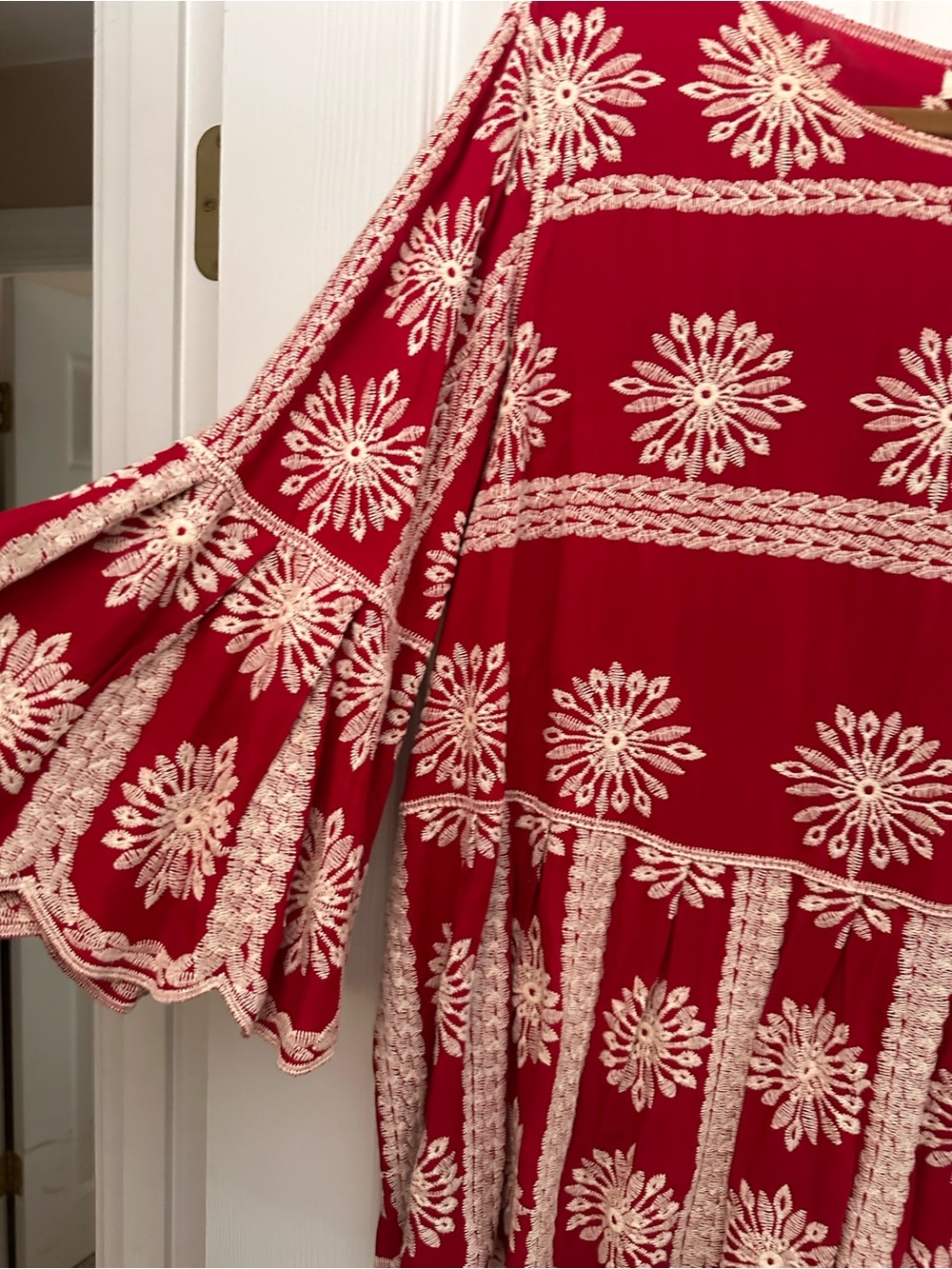 Red Embroidered Boho Bell-Sleeve Women's Top